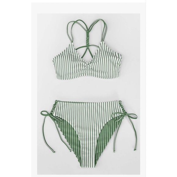 Women's CUPSHE Green White Striped Bikini Set S - Picture 5 of 6